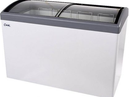 Ларь морозильный Снеж МЛГ-400 (колеса, 4 корзины) серый с гнутым стеклом 393 л